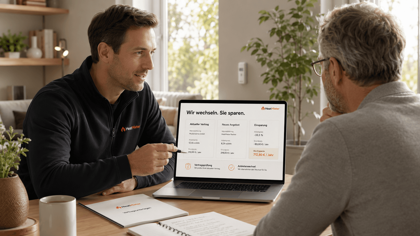 Persönliches Beratungsgespräch: HeatMieter-Berater zeigt Einsparpotenzial und Wechselangebot am Laptop