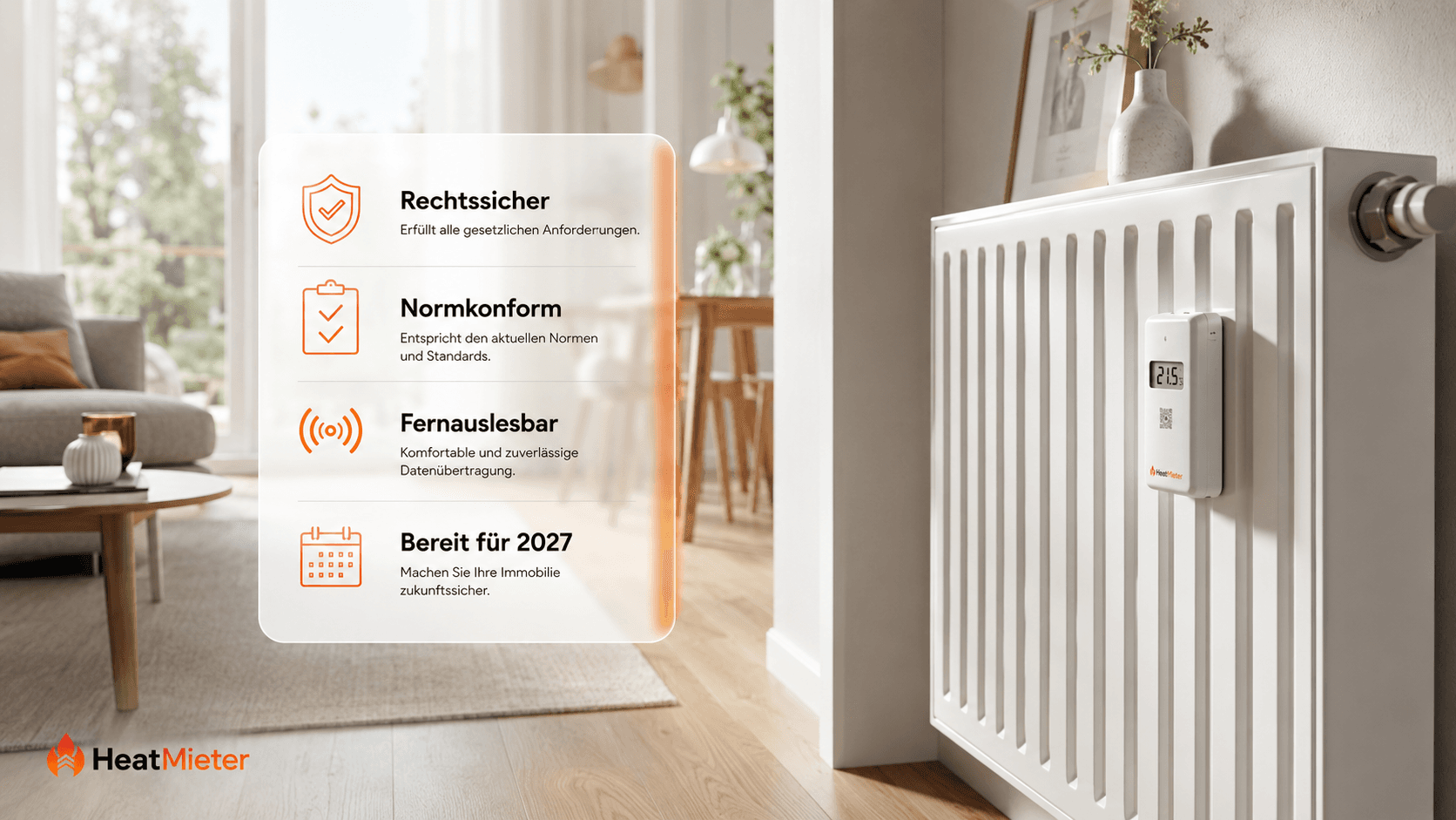 Fernablesbares HeatMieter-Gerät an einem Heizkörper in einem stilvollen Wohnraum – rechtssicher, normkonform, fernauslesbar, bereit für 2027