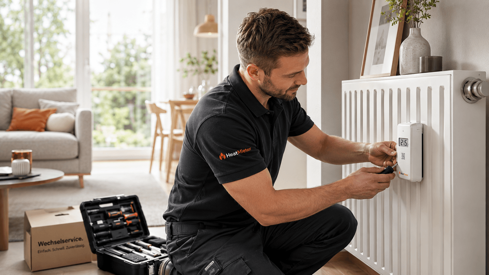 HeatMieter-Techniker installiert ein fernablesbares Gerät an einem Heizkörper in einer modernen Wohnung